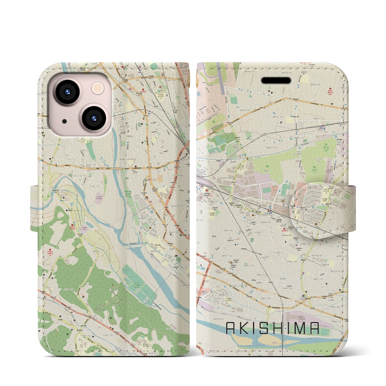 【昭島】地図柄iPhoneケース（手帳両面タイプ・ナチュラル）iPhone 13 mini 用