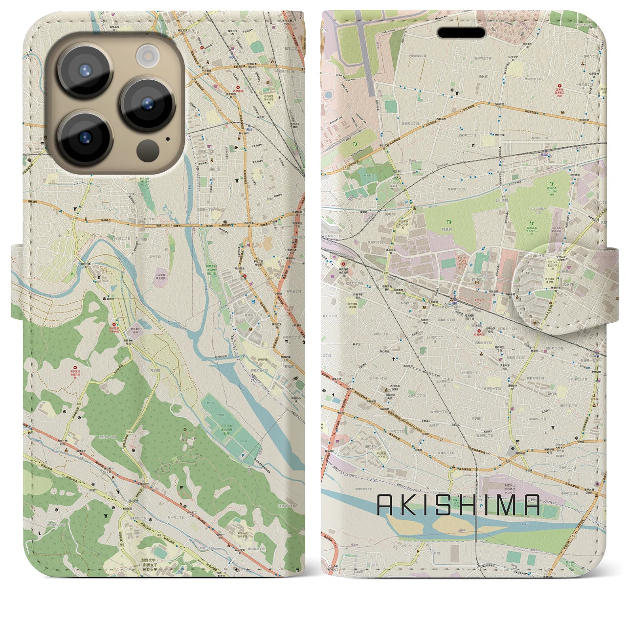 【昭島】地図柄iPhoneケース（手帳両面タイプ・ナチュラル）iPhone 14 Pro Max 用