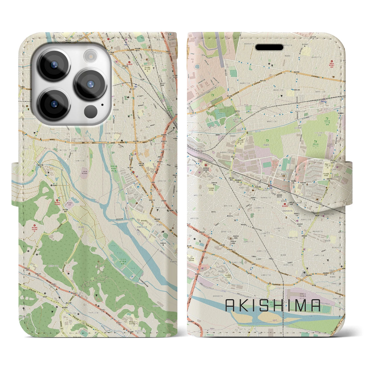 【昭島】地図柄iPhoneケース（手帳両面タイプ・ナチュラル）iPhone 14 Pro 用