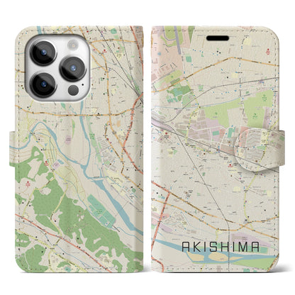 【昭島（東京都）】地図柄iPhoneケース（手帳タイプ）ナチュラル・iPhone 14 Pro 用