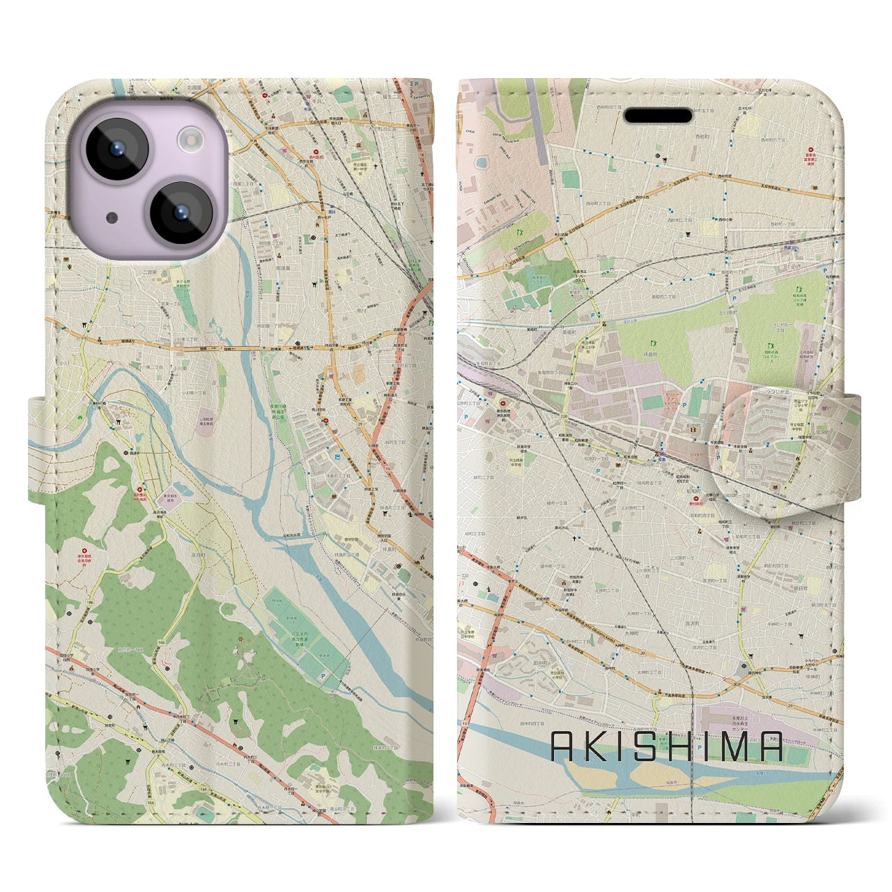 【昭島】地図柄iPhoneケース（手帳両面タイプ・ナチュラル）iPhone 14 用