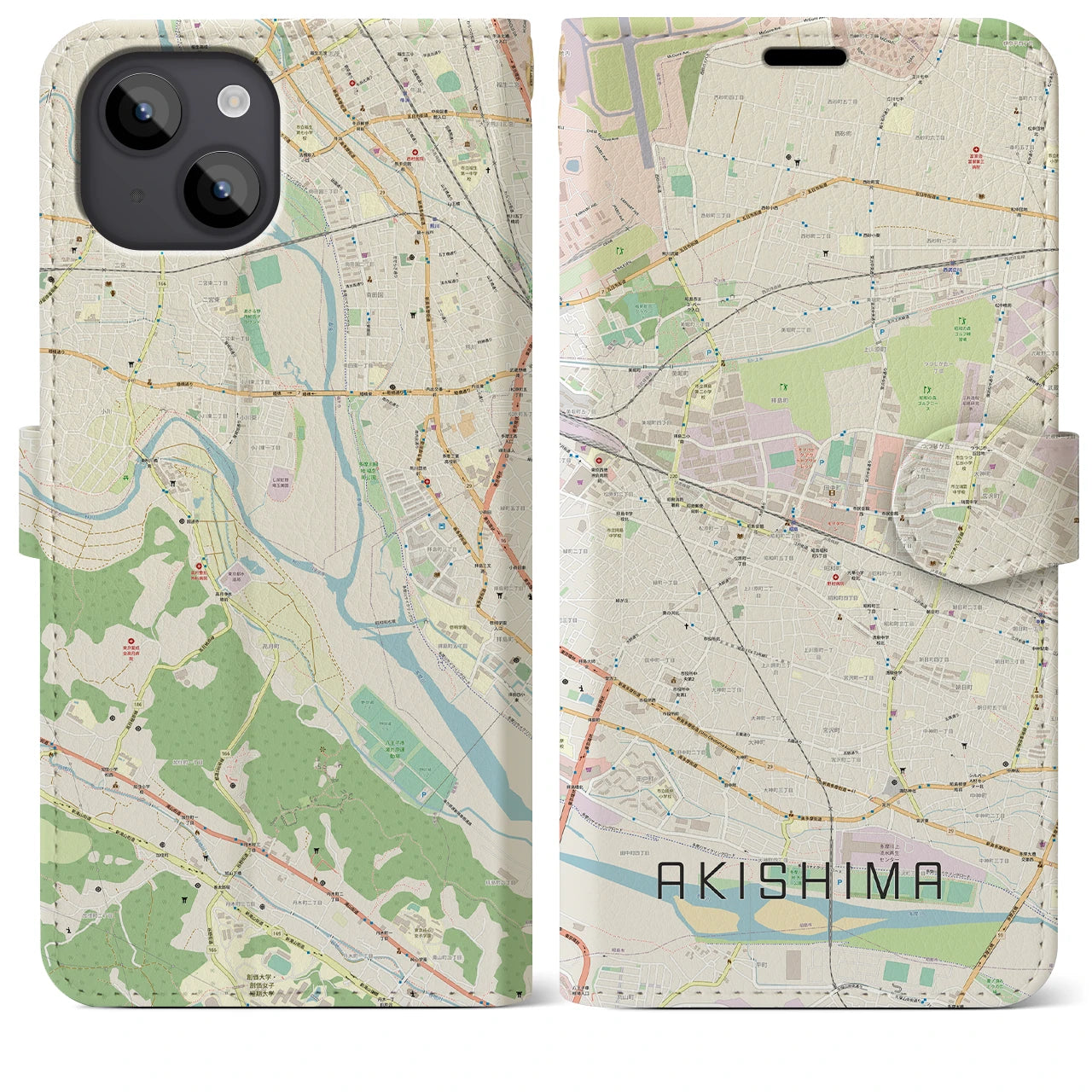 【昭島】地図柄iPhoneケース（手帳両面タイプ・ナチュラル）iPhone 14 Plus 用