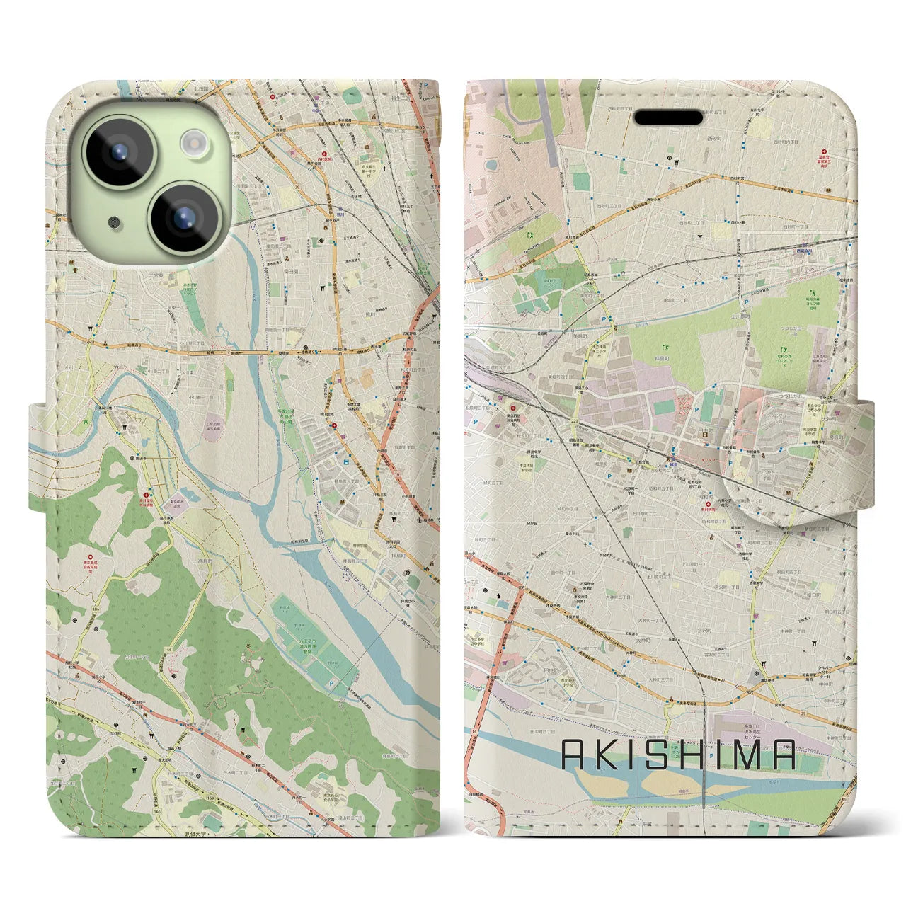 【昭島】地図柄iPhoneケース（手帳両面タイプ・ナチュラル）iPhone 15 用