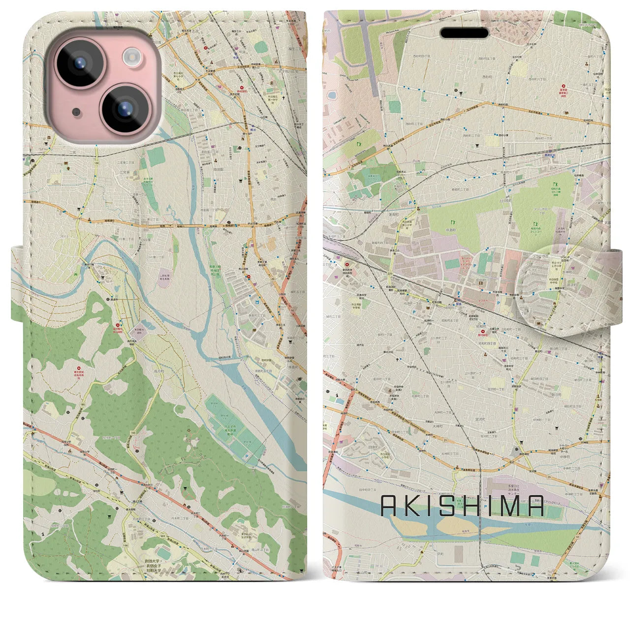 【昭島】地図柄iPhoneケース（手帳両面タイプ・ナチュラル）iPhone 15 Plus 用