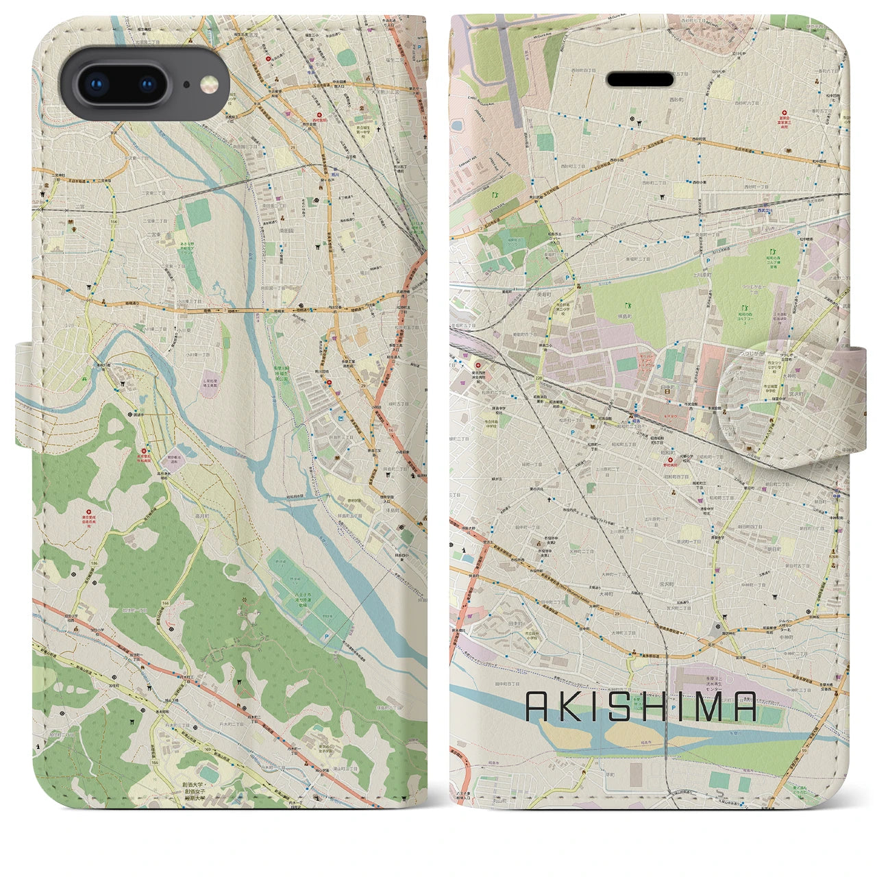 【昭島】地図柄iPhoneケース（手帳両面タイプ・ナチュラル）iPhone 8Plus /7Plus / 6sPlus / 6Plus 用