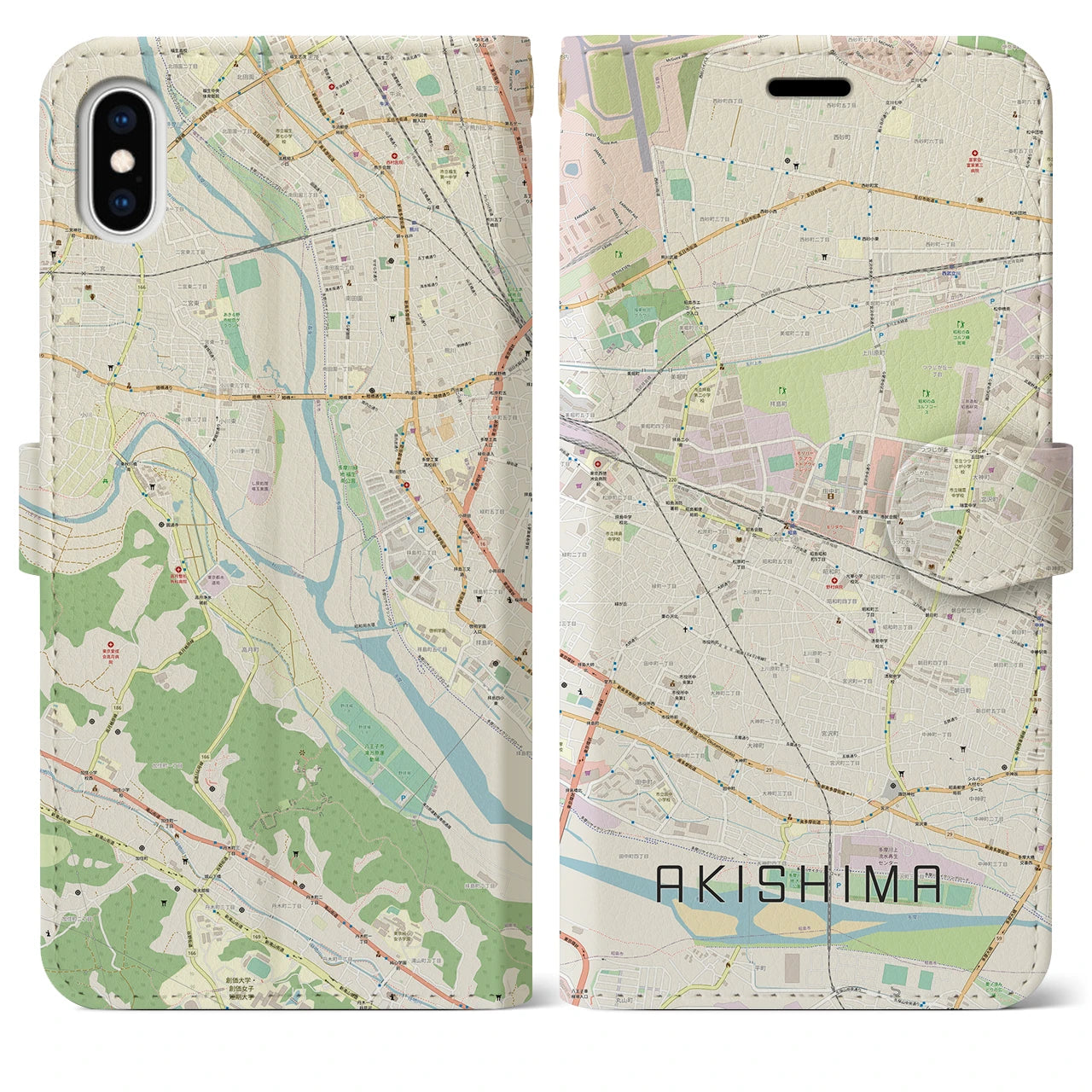 【昭島】地図柄iPhoneケース（手帳両面タイプ・ナチュラル）iPhone XS Max 用