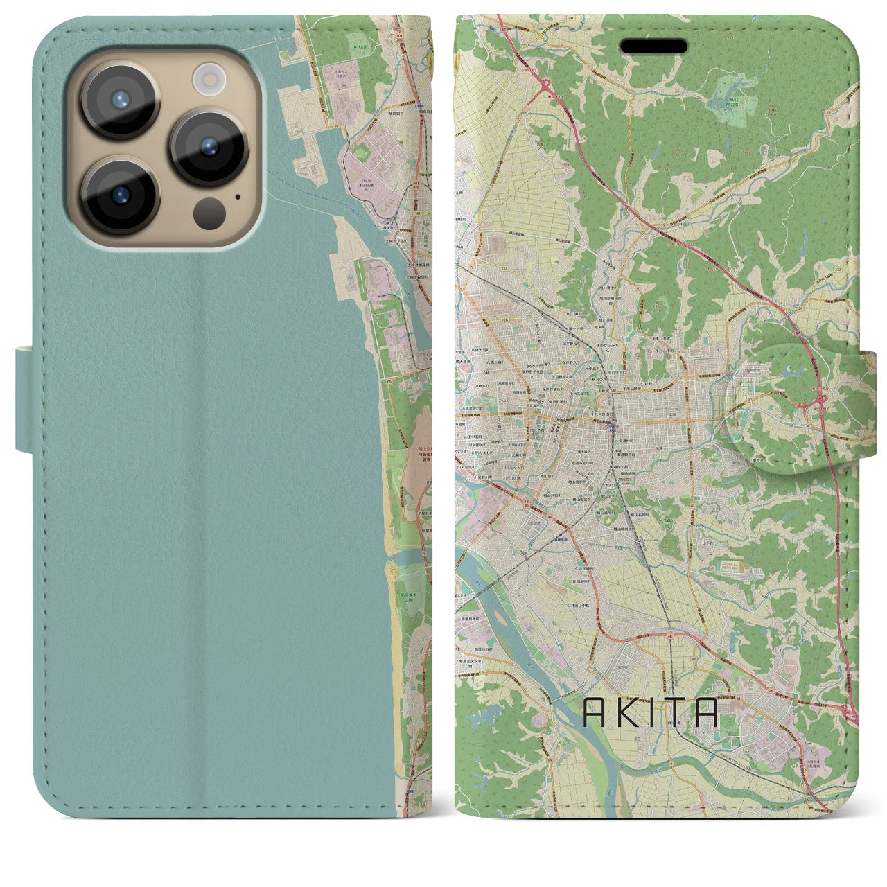 【秋田】地図柄iPhoneケース（手帳両面タイプ・ナチュラル）iPhone 14 Pro Max 用