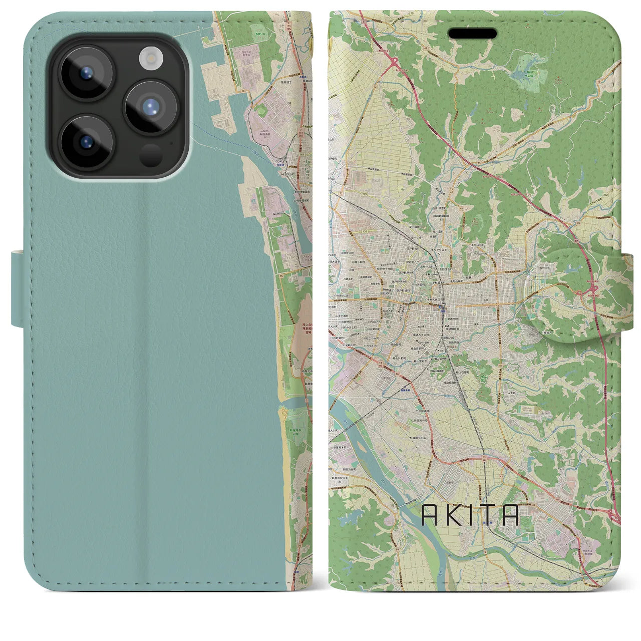 【秋田】地図柄iPhoneケース（手帳両面タイプ・ナチュラル）iPhone 15 Pro Max 用