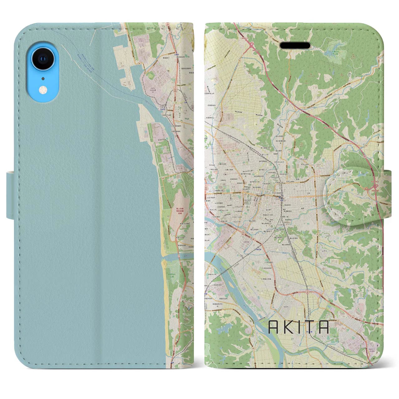 【秋田】地図柄iPhoneケース（手帳両面タイプ・ナチュラル）iPhone XR 用