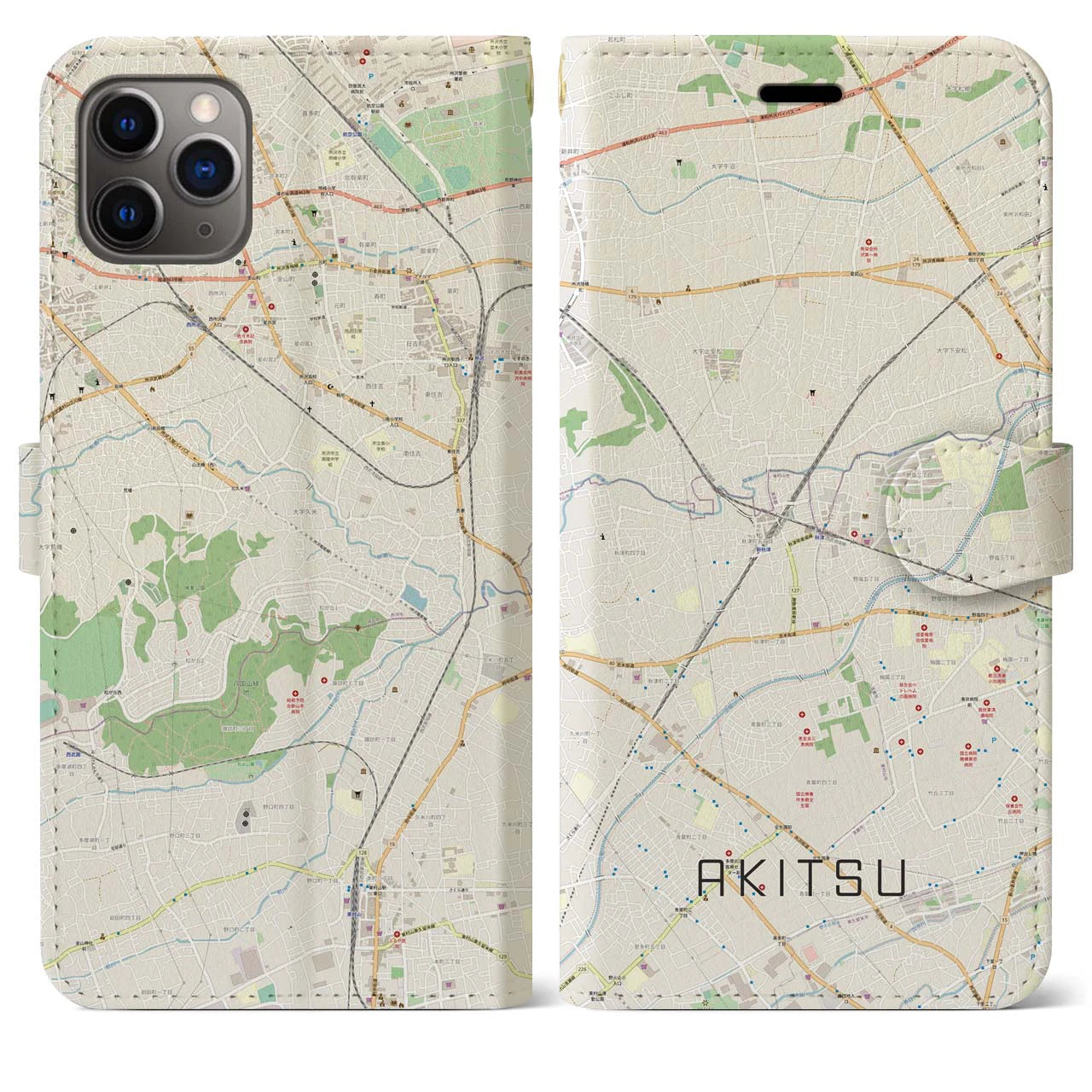 【秋津】地図柄iPhoneケース（手帳両面タイプ・ナチュラル）iPhone 11 Pro Max 用