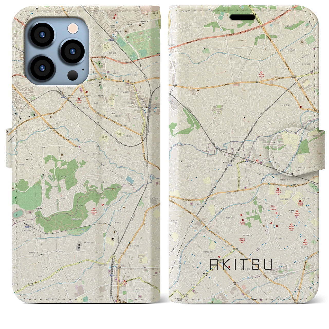 【秋津】地図柄iPhoneケース（手帳両面タイプ・ナチュラル）iPhone 13 Pro Max 用