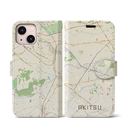 【秋津（東京都）】地図柄iPhoneケース（手帳タイプ）ナチュラル・iPhone 13 mini 用