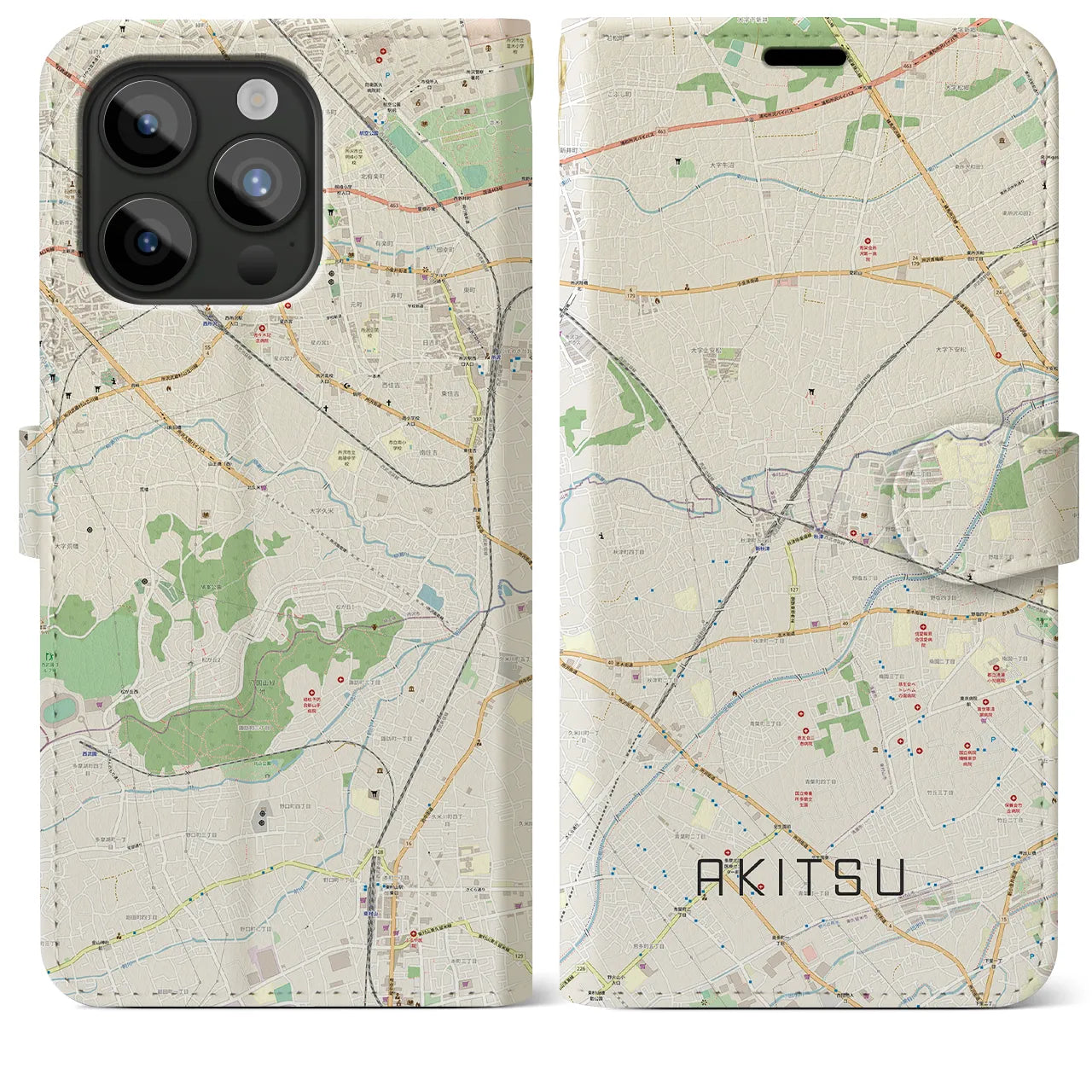 【秋津】地図柄iPhoneケース（手帳両面タイプ・ナチュラル）iPhone 15 Pro Max 用