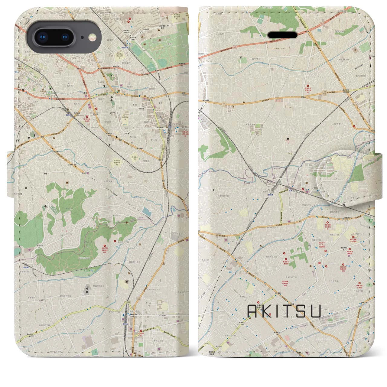 【秋津】地図柄iPhoneケース（手帳両面タイプ・ナチュラル）iPhone 8Plus /7Plus / 6sPlus / 6Plus 用