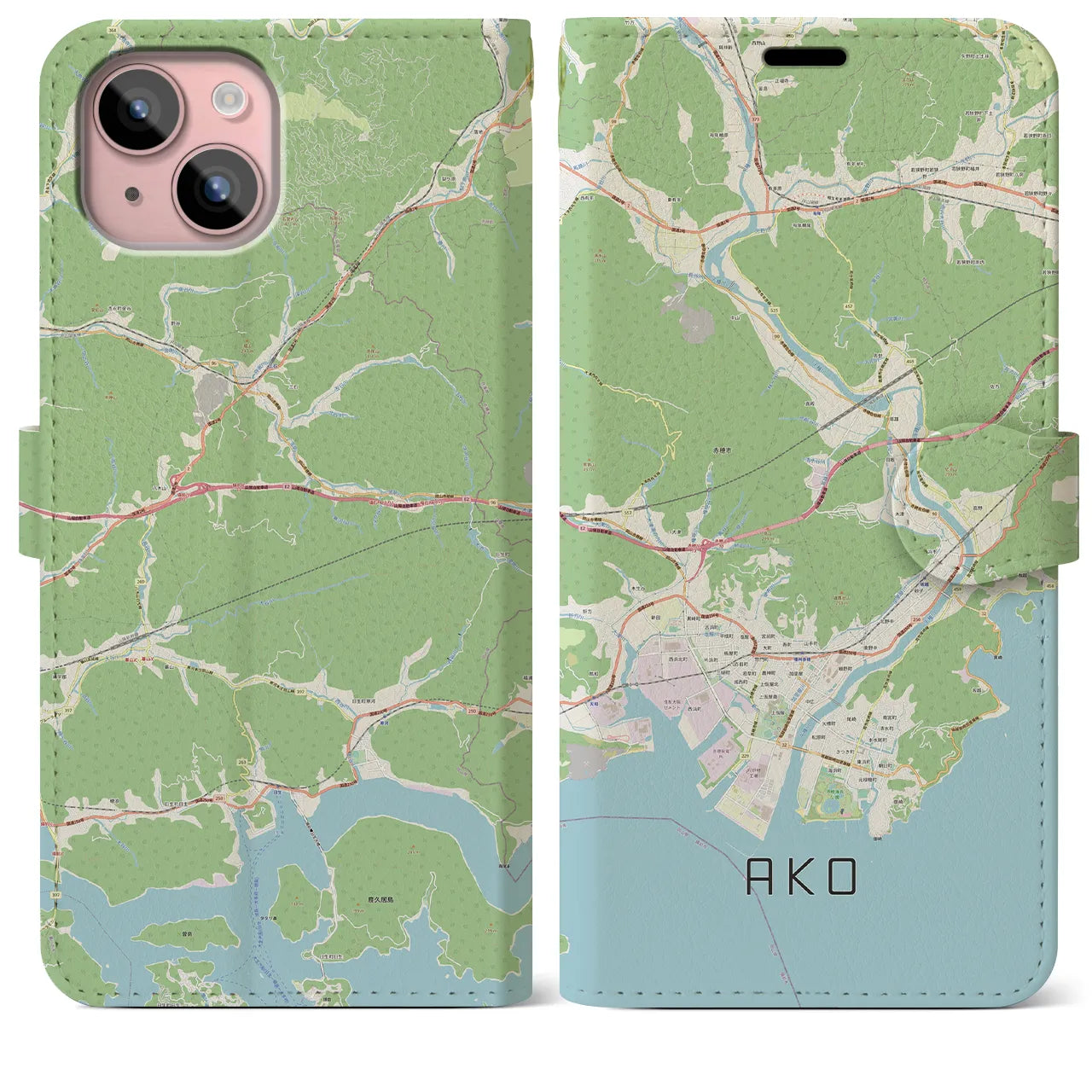 【赤穂】地図柄iPhoneケース（手帳両面タイプ・ナチュラル）iPhone 15 Plus 用
