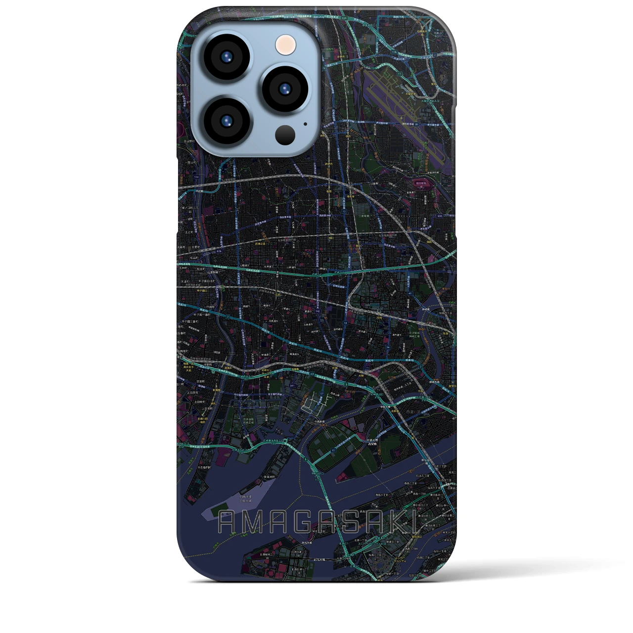 【尼崎】地図柄iPhoneケース（バックカバータイプ・ブラック）iPhone 13 Pro Max 用