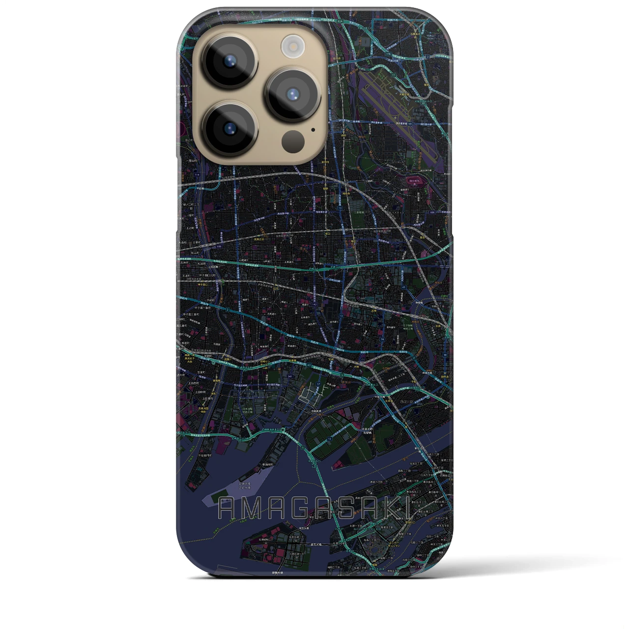 【尼崎】地図柄iPhoneケース（バックカバータイプ・ブラック）iPhone 14 Pro Max 用