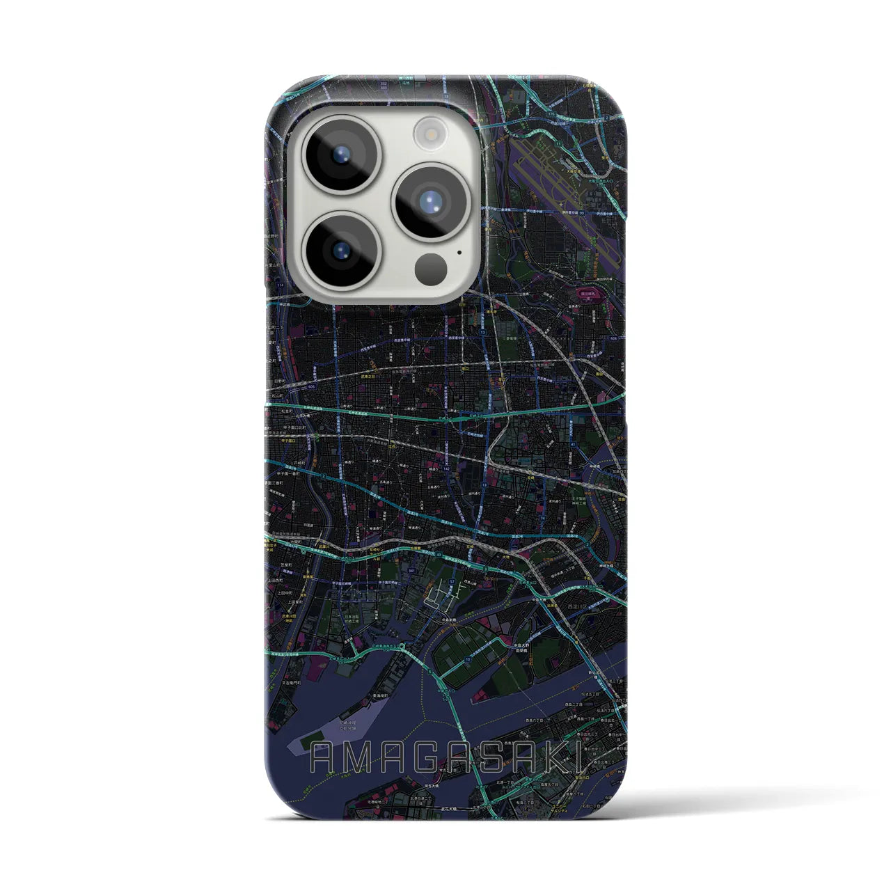 【尼崎】地図柄iPhoneケース（バックカバータイプ・ブラック）iPhone 15 Pro 用
