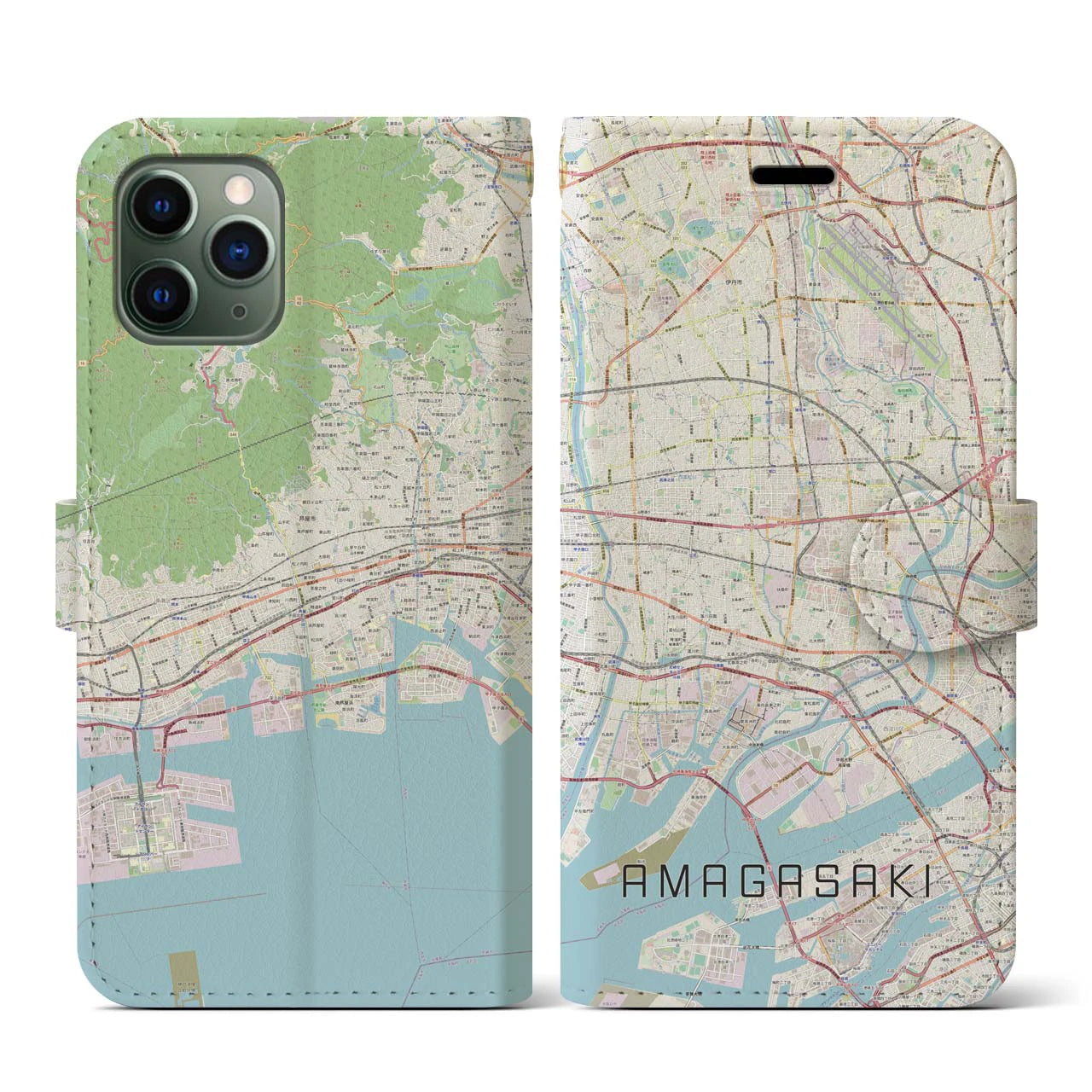 【尼崎】地図柄iPhoneケース（手帳両面タイプ・ナチュラル）iPhone 11 Pro 用