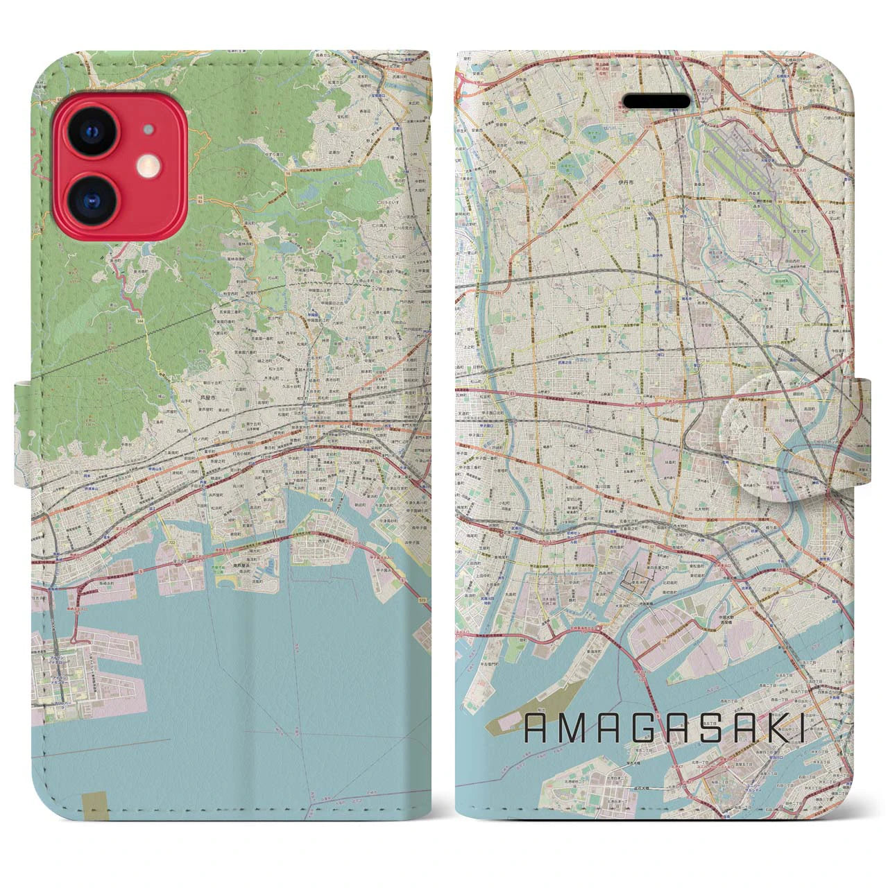 【尼崎】地図柄iPhoneケース（手帳両面タイプ・ナチュラル）iPhone 11 用