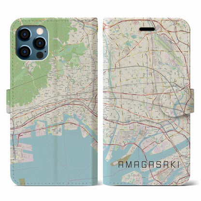 【尼崎（兵庫県）】地図柄iPhoneケース（手帳タイプ）ナチュラル・iPhone 12 / 12 Pro 用