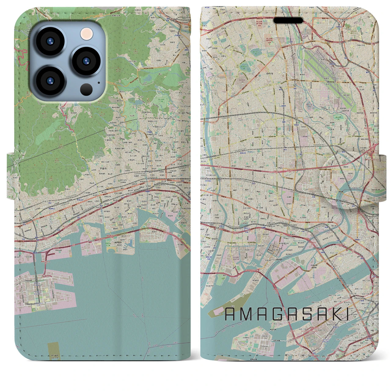 【尼崎】地図柄iPhoneケース（手帳両面タイプ・ナチュラル）iPhone 13 Pro Max 用