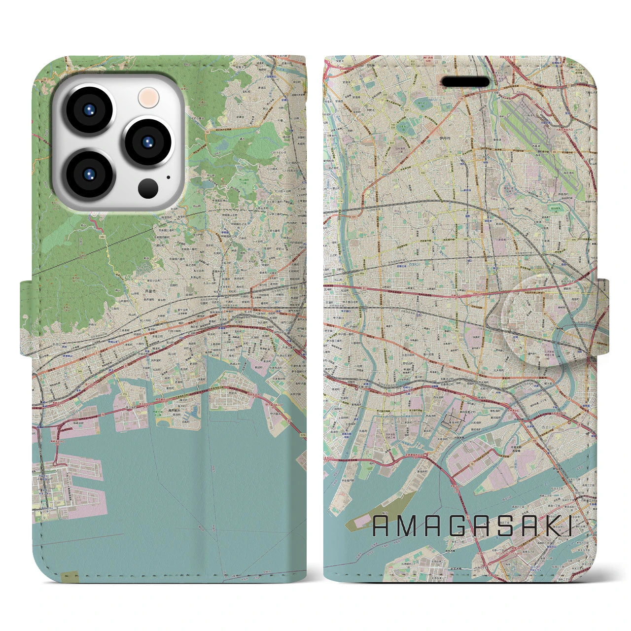 【尼崎】地図柄iPhoneケース（手帳両面タイプ・ナチュラル）iPhone 13 Pro 用