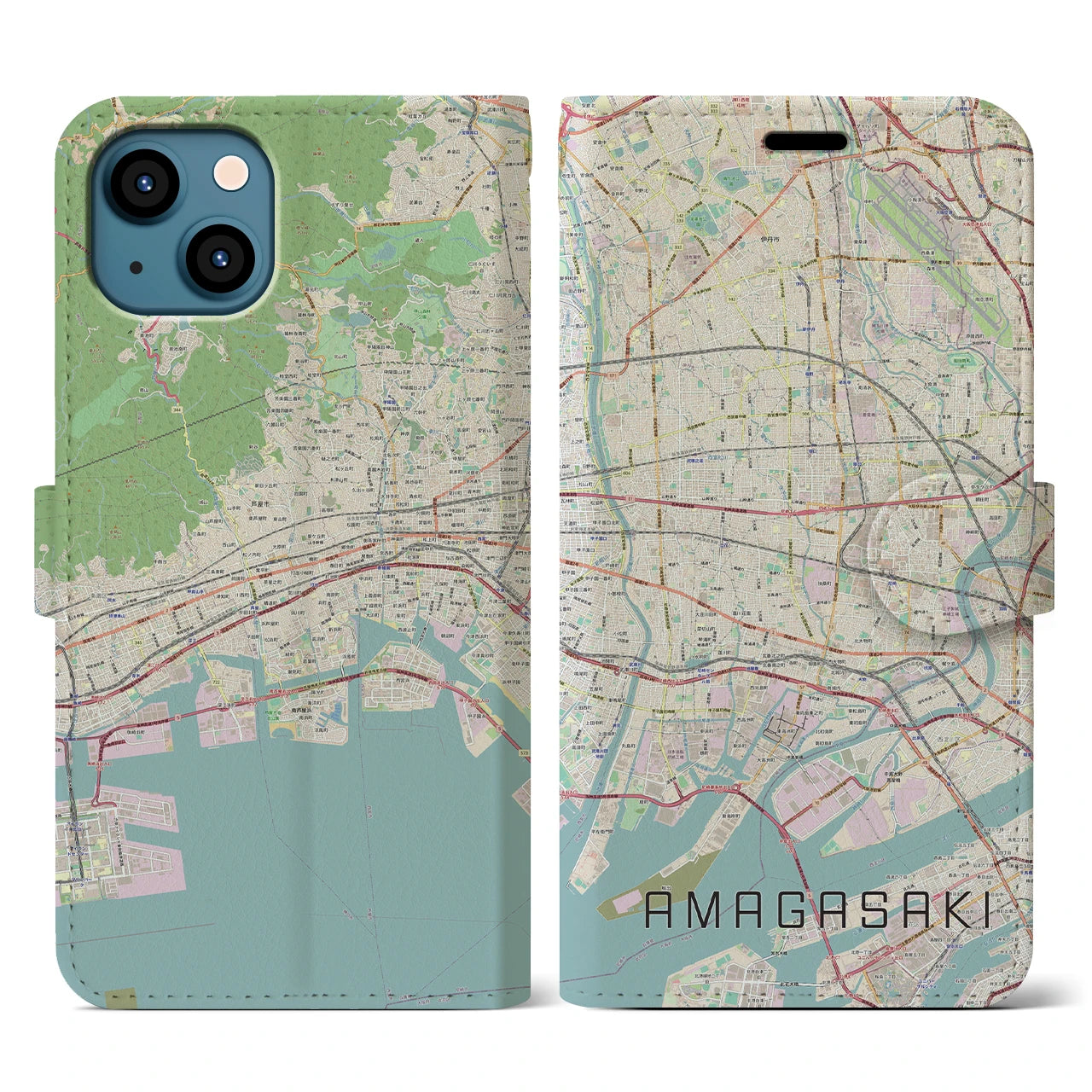 【尼崎】地図柄iPhoneケース（手帳両面タイプ・ナチュラル）iPhone 13 用