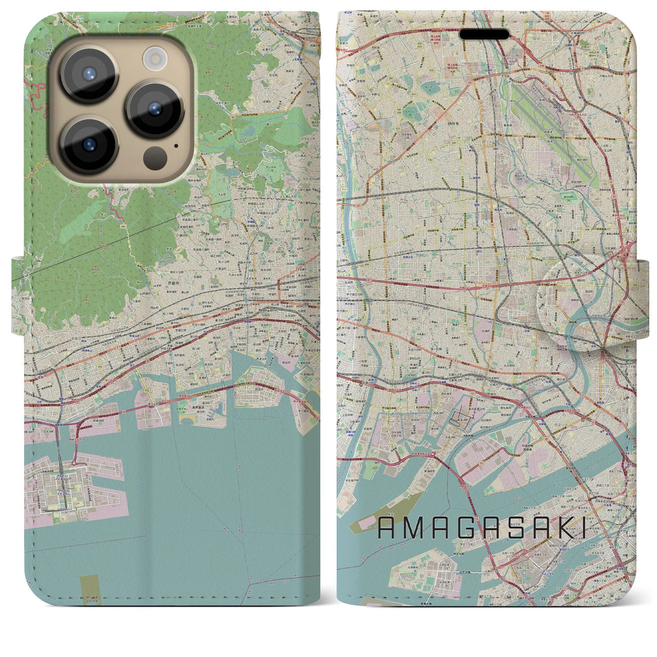 【尼崎】地図柄iPhoneケース（手帳両面タイプ・ナチュラル）iPhone 14 Pro Max 用