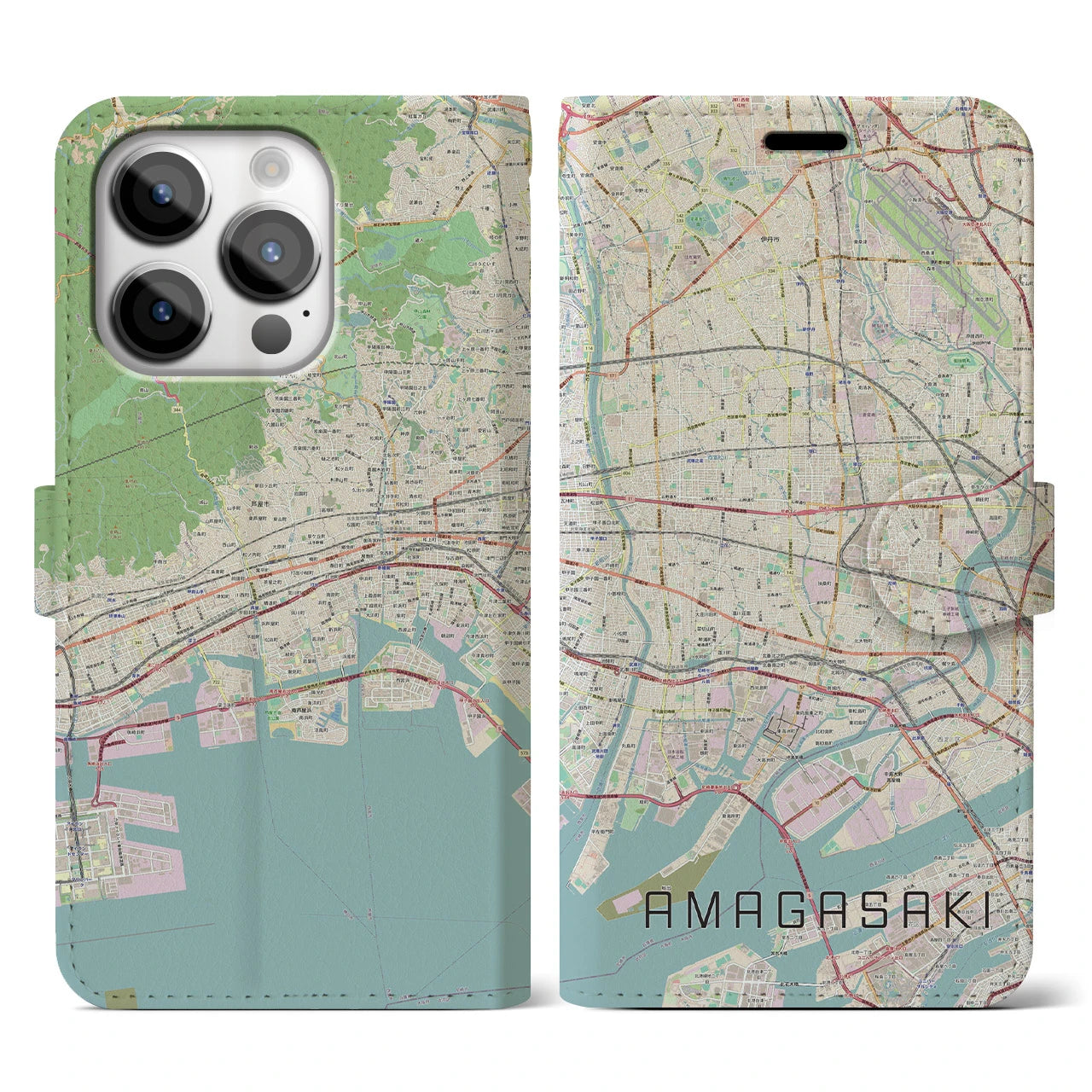【尼崎】地図柄iPhoneケース（手帳両面タイプ・ナチュラル）iPhone 14 Pro 用