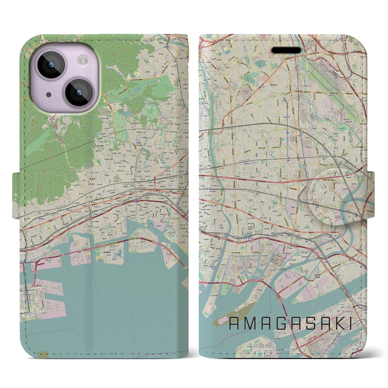 【尼崎】地図柄iPhoneケース（手帳両面タイプ・ナチュラル）iPhone 14 用