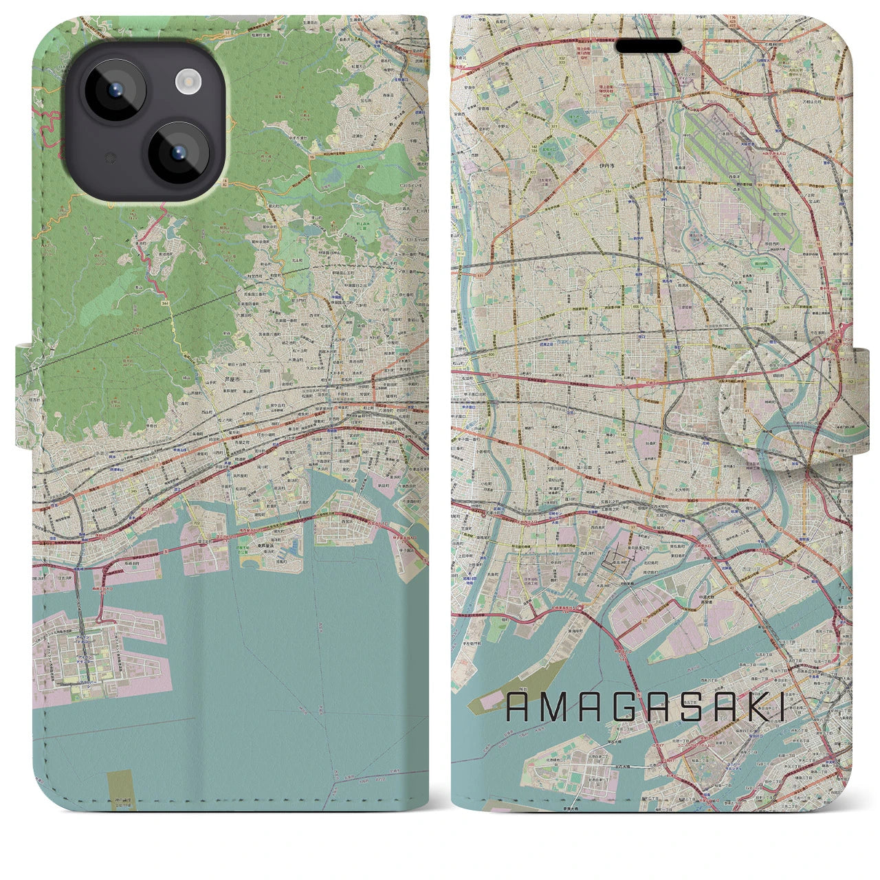 【尼崎】地図柄iPhoneケース（手帳両面タイプ・ナチュラル）iPhone 14 Plus 用