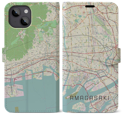 【尼崎（兵庫県）】地図柄iPhoneケース（手帳タイプ）ナチュラル・iPhone 14 Plus 用