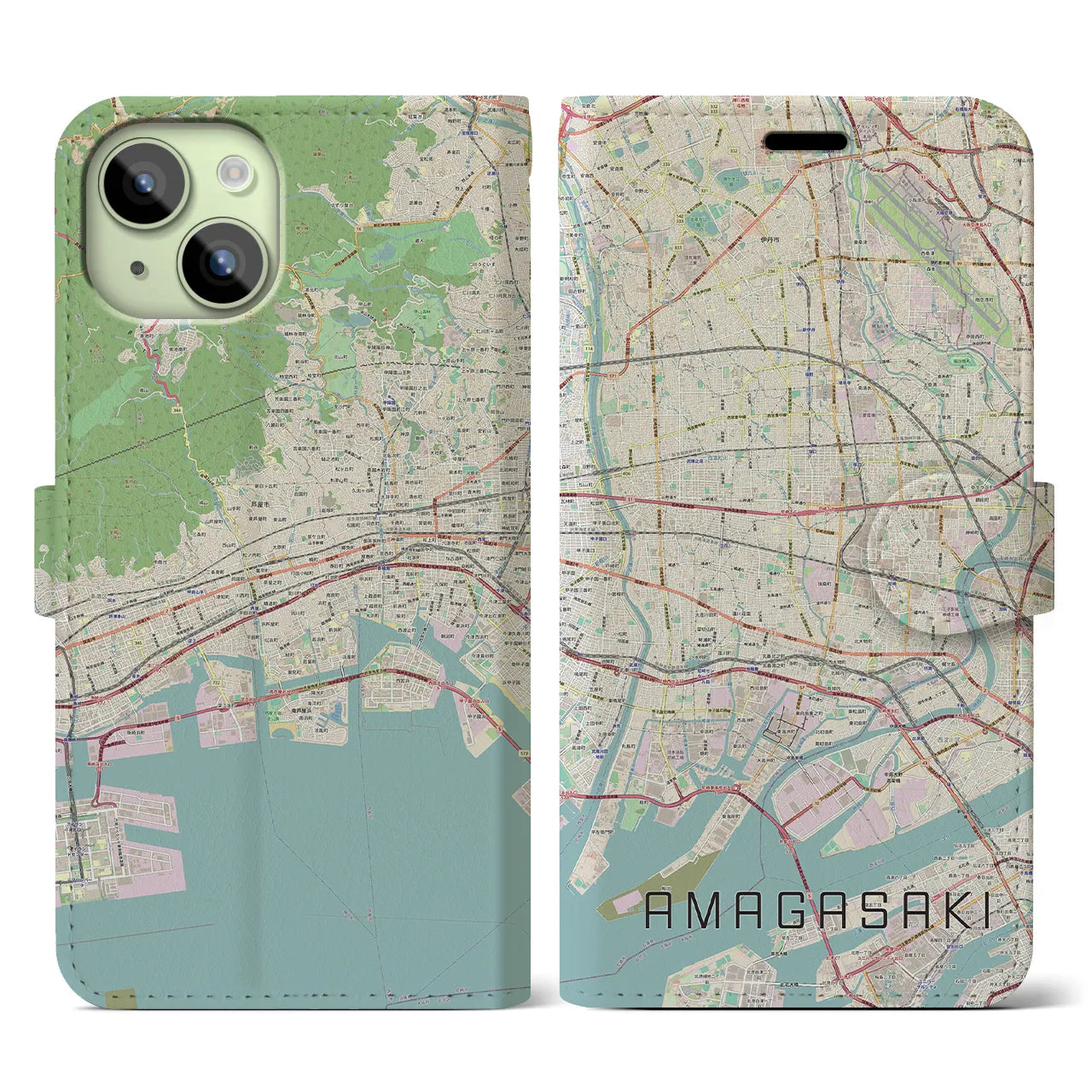 【尼崎】地図柄iPhoneケース（手帳両面タイプ・ナチュラル）iPhone 15 用