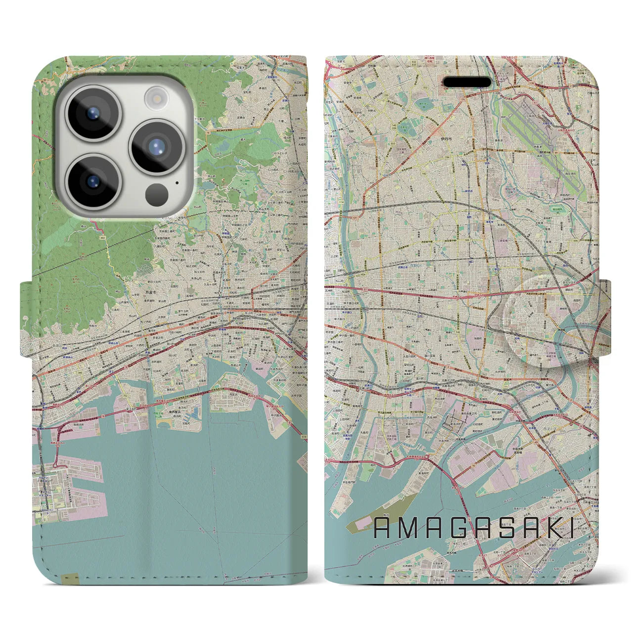 【尼崎】地図柄iPhoneケース（手帳両面タイプ・ナチュラル）iPhone 15 Pro 用