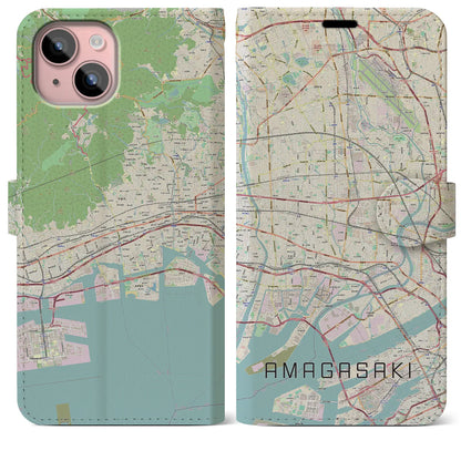 【尼崎（兵庫県）】地図柄iPhoneケース（手帳タイプ）ナチュラル・iPhone 15 Plus 用