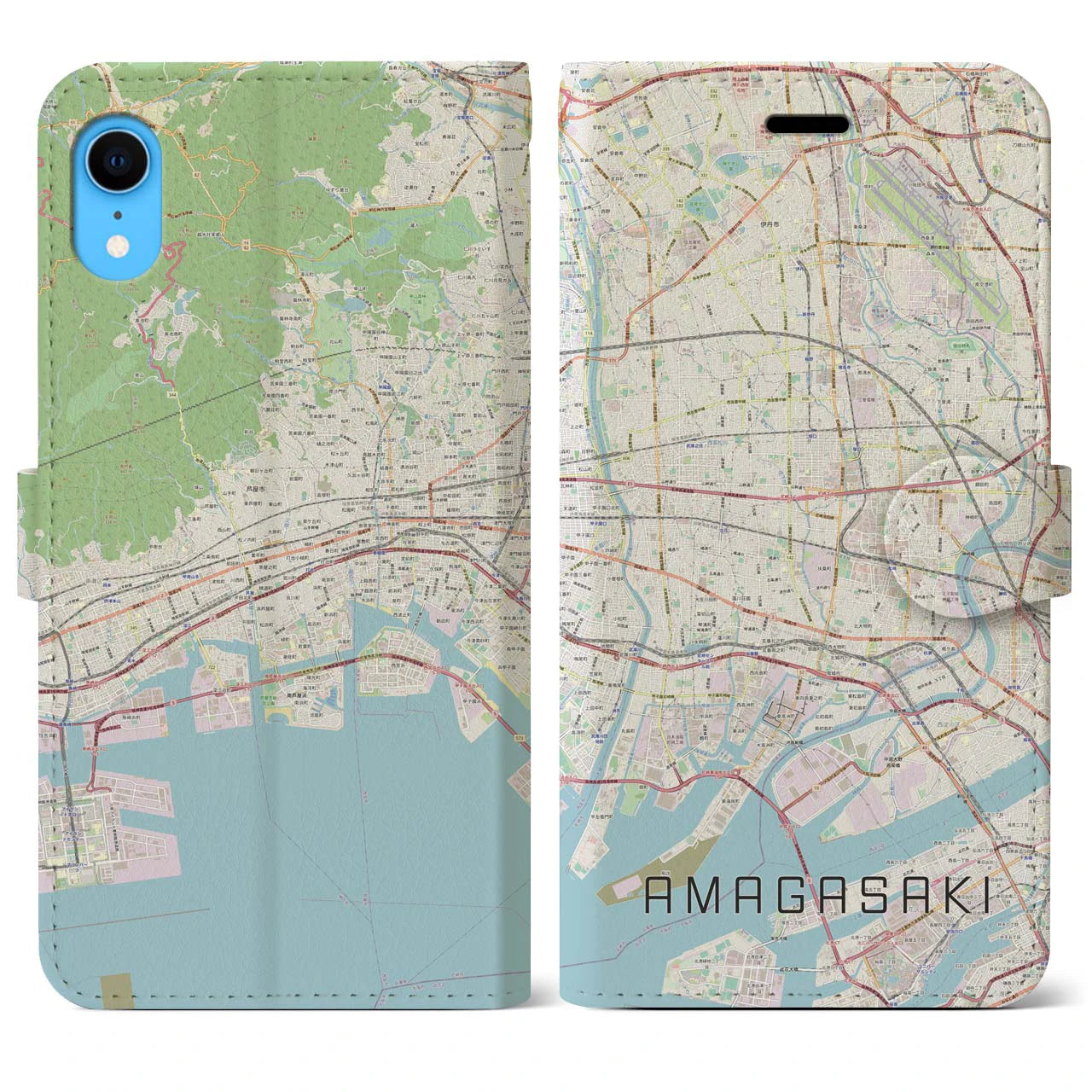 【尼崎】地図柄iPhoneケース（手帳両面タイプ・ナチュラル）iPhone XR 用