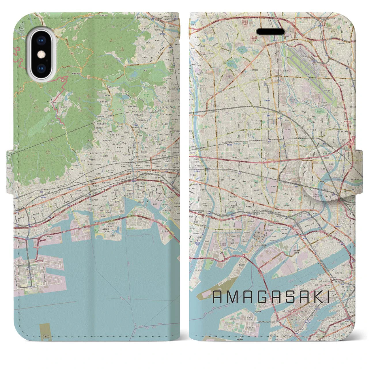 【尼崎】地図柄iPhoneケース（手帳両面タイプ・ナチュラル）iPhone XS Max 用