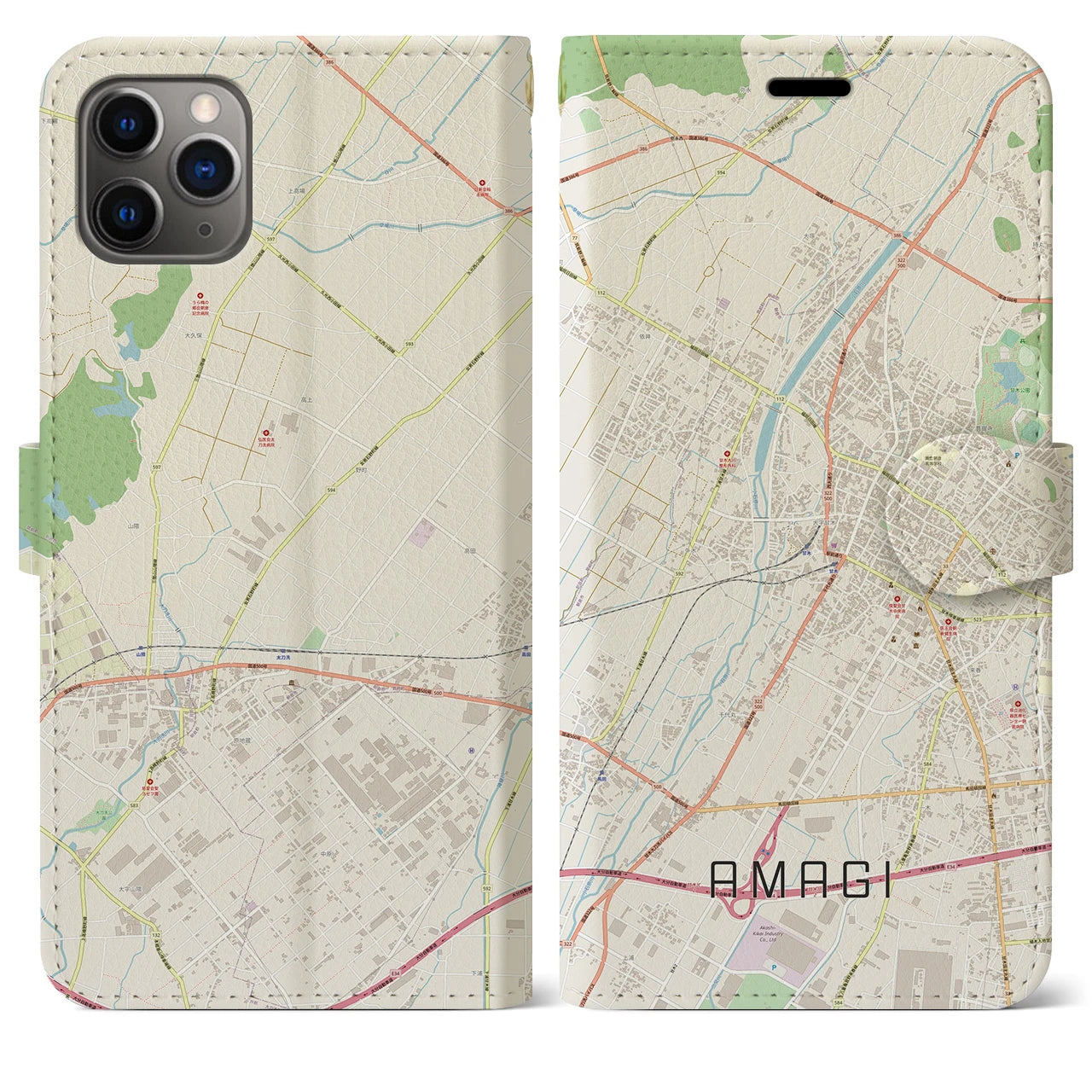 【甘木】地図柄iPhoneケース（手帳両面タイプ・ナチュラル）iPhone 11 Pro Max 用