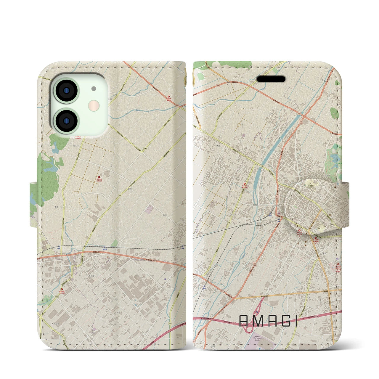 【甘木】地図柄iPhoneケース（手帳両面タイプ・ナチュラル）iPhone 12 mini 用