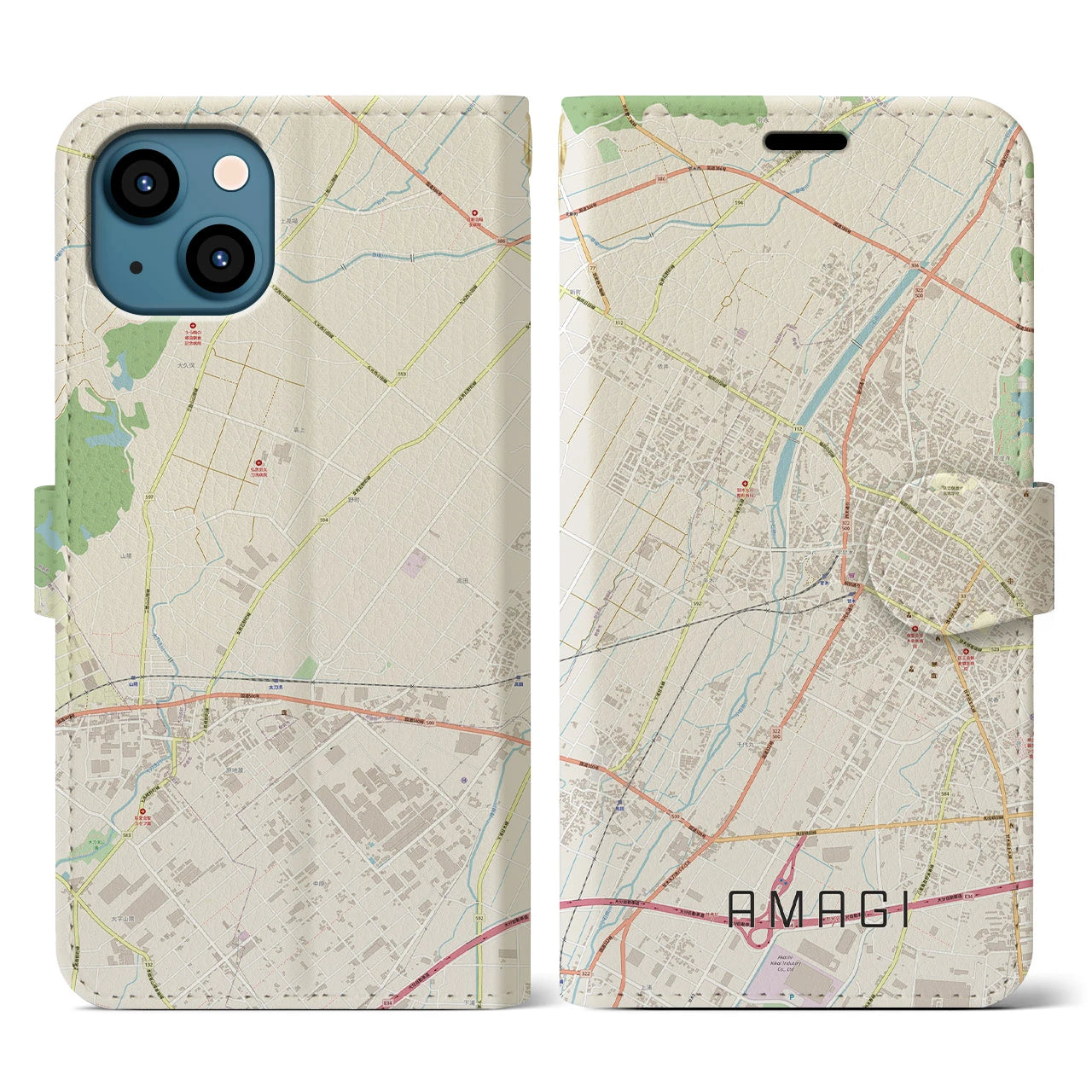 【甘木】地図柄iPhoneケース（手帳両面タイプ・ナチュラル）iPhone 13 用