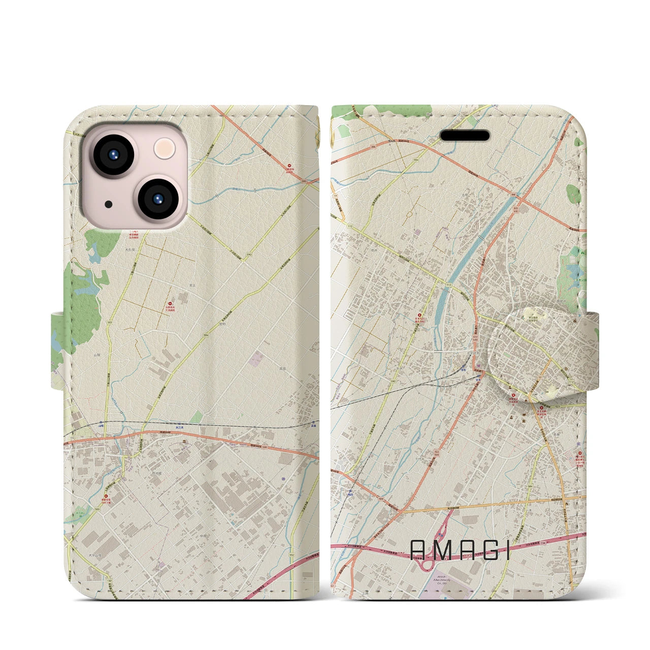 【甘木】地図柄iPhoneケース（手帳両面タイプ・ナチュラル）iPhone 13 mini 用