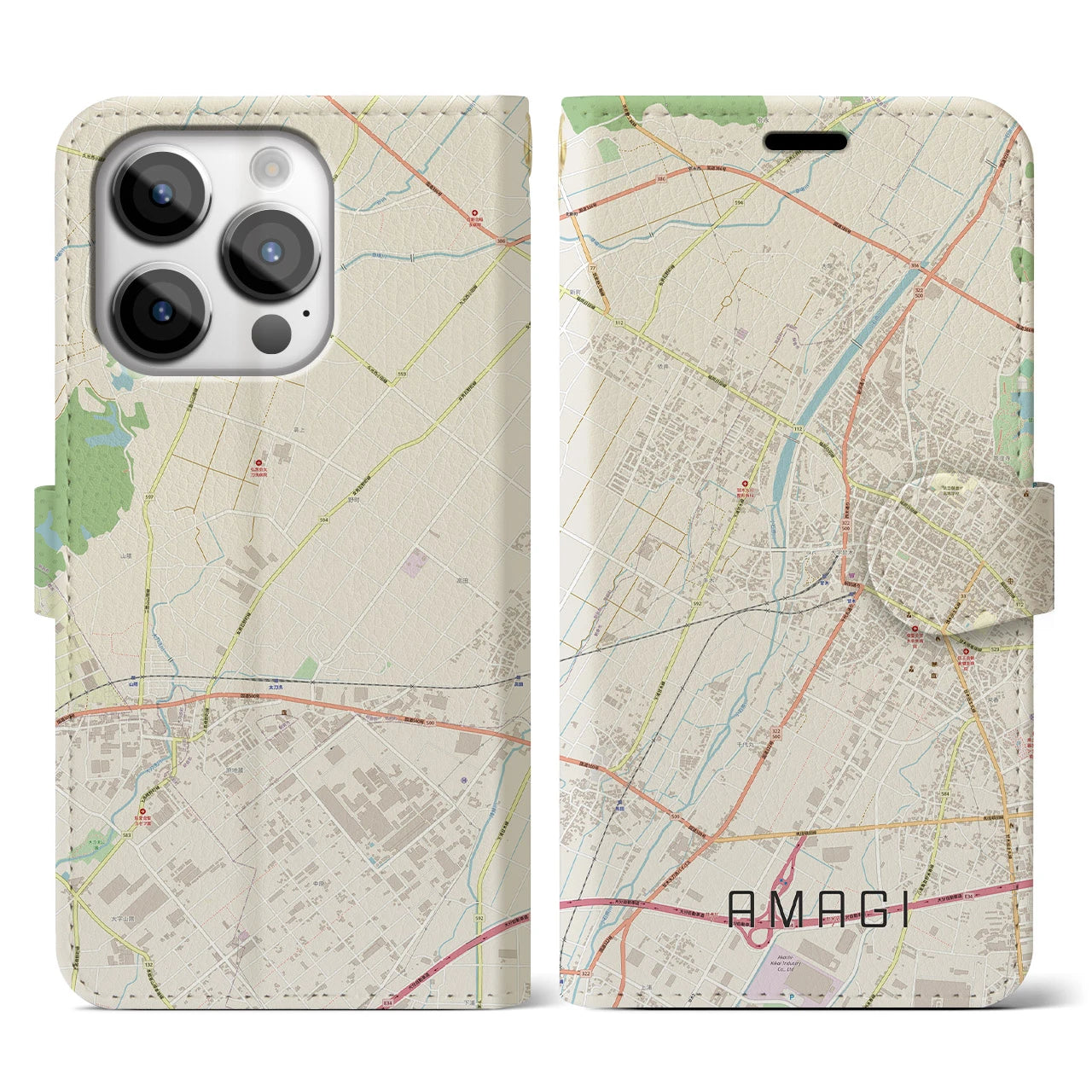 【甘木】地図柄iPhoneケース（手帳両面タイプ・ナチュラル）iPhone 14 Pro 用