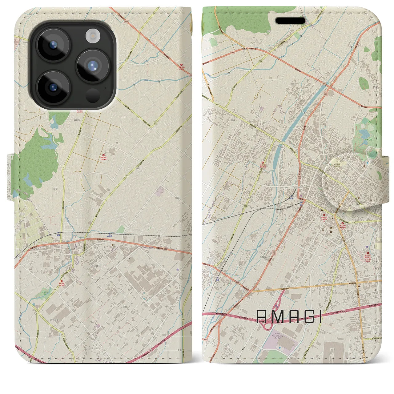 【甘木】地図柄iPhoneケース（手帳両面タイプ・ナチュラル）iPhone 15 Pro Max 用