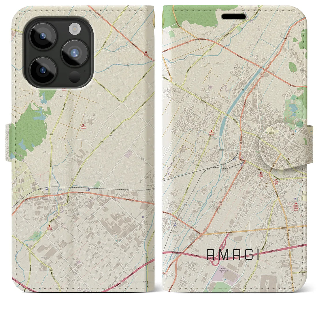 【甘木】地図柄iPhoneケース（手帳両面タイプ・ナチュラル）iPhone 15 Pro Max 用