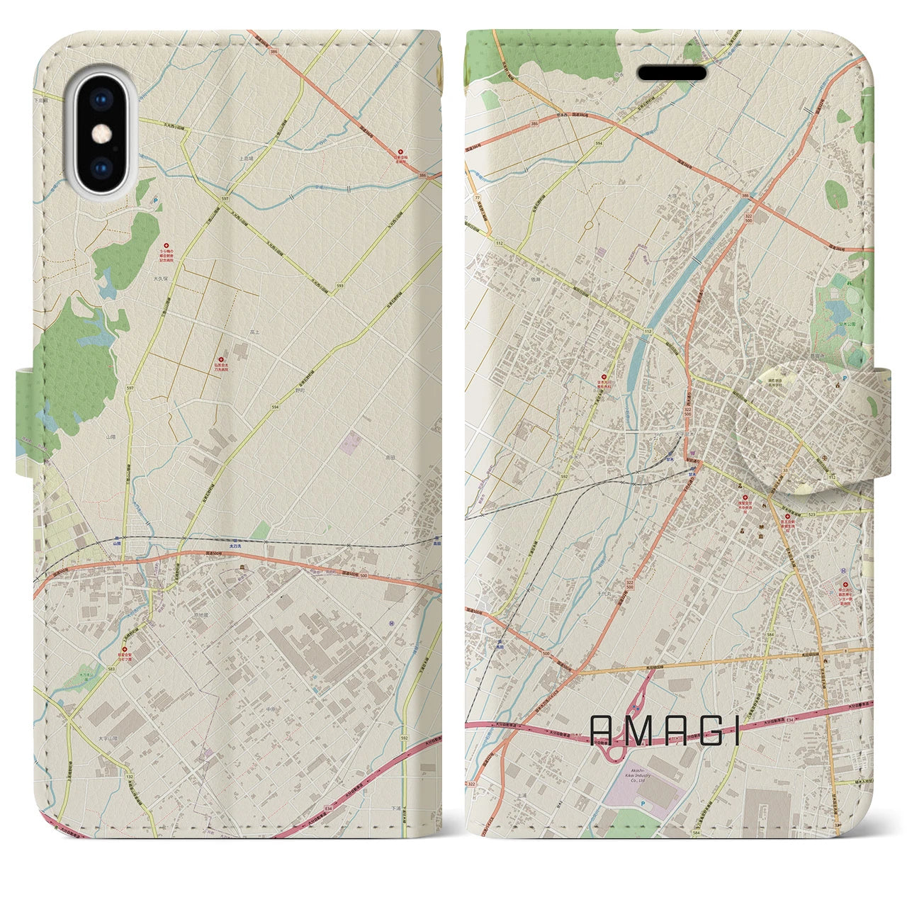 【甘木】地図柄iPhoneケース（手帳両面タイプ・ナチュラル）iPhone XS Max 用
