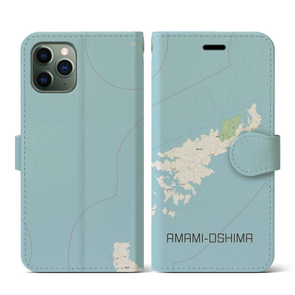 【奄美大島（鹿児島県）】地図柄iPhoneケース（手帳タイプ）ナチュラル・iPhone 11 Pro 用