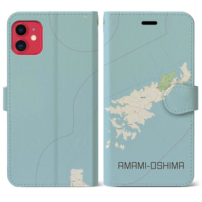 【奄美大島（鹿児島県）】地図柄iPhoneケース（手帳タイプ）ナチュラル・iPhone 11 用