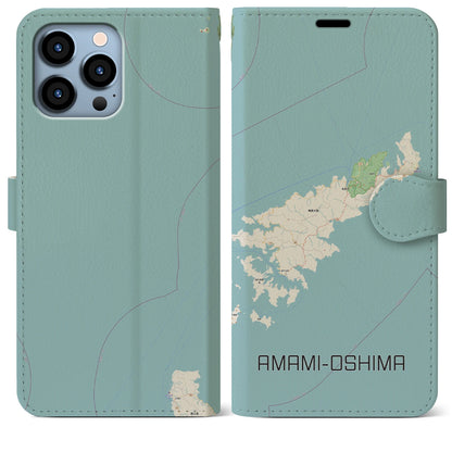 【奄美大島（鹿児島県）】地図柄iPhoneケース（手帳タイプ）ナチュラル・iPhone 13 Pro Max 用