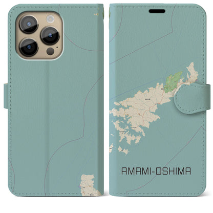 【奄美大島（鹿児島県）】地図柄iPhoneケース（手帳タイプ）ナチュラル・iPhone 14 Pro Max 用